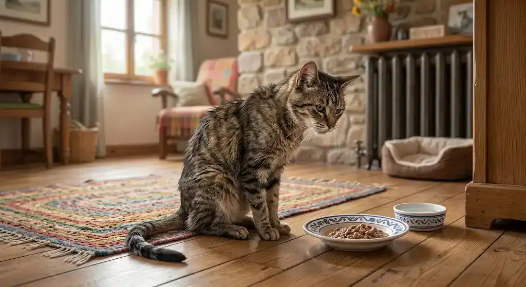 chat senior devant sa gamelle, illustration chat senior maigrit