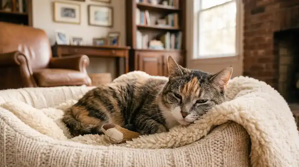 chat senior confortablement installé, illustration du bien-être chat senior au quotidien