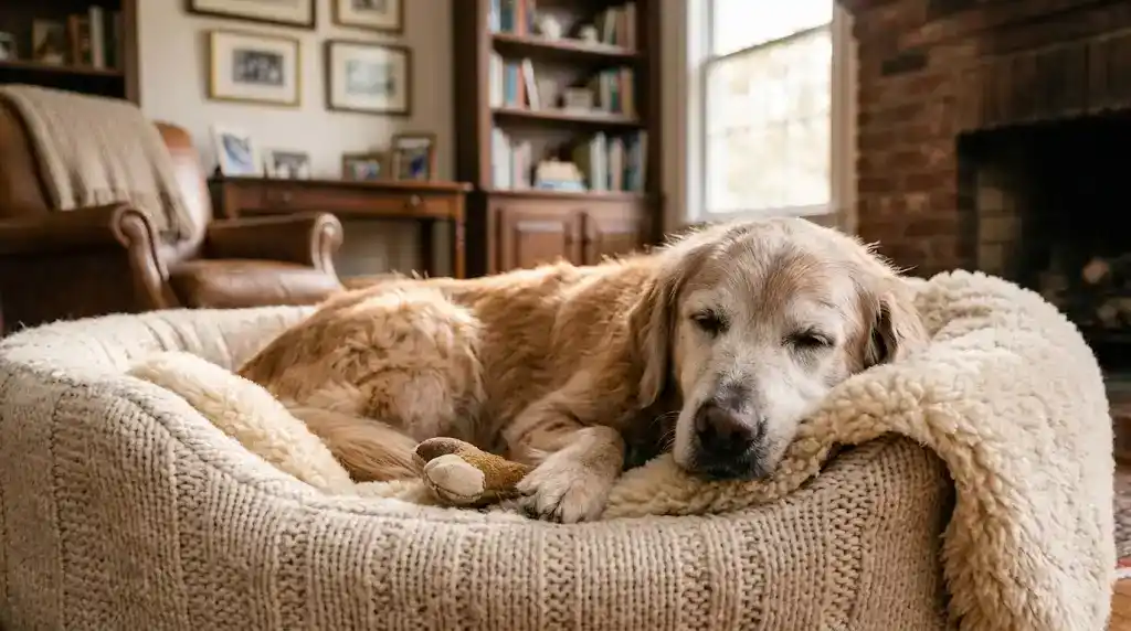 chien senior confortablement installé, illustration du bien-être chien senior au quotidien