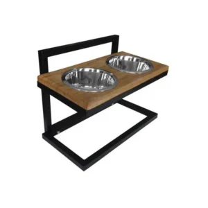 Porte gamelles en bois pour chien avec deux écuelles en inox